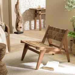 ALIDA Fauteuil lounge en bois de teck recyclé assise en tissage