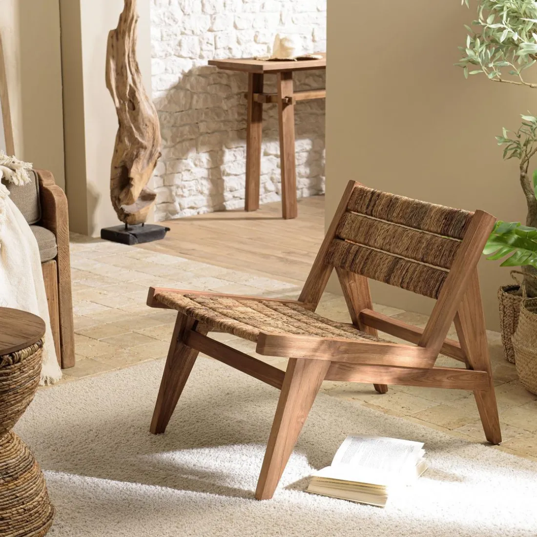ALIDA Fauteuil lounge en bois de teck recyclé assise en tissage