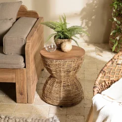 ALIDA Tabouret beige assise amovible en bois de teck recyclé