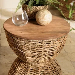 ALIDA Tabouret beige assise amovible en bois de teck recyclé