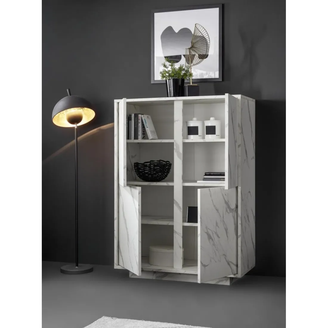 Argentier 4 portes CARRARA décor marbre blanc