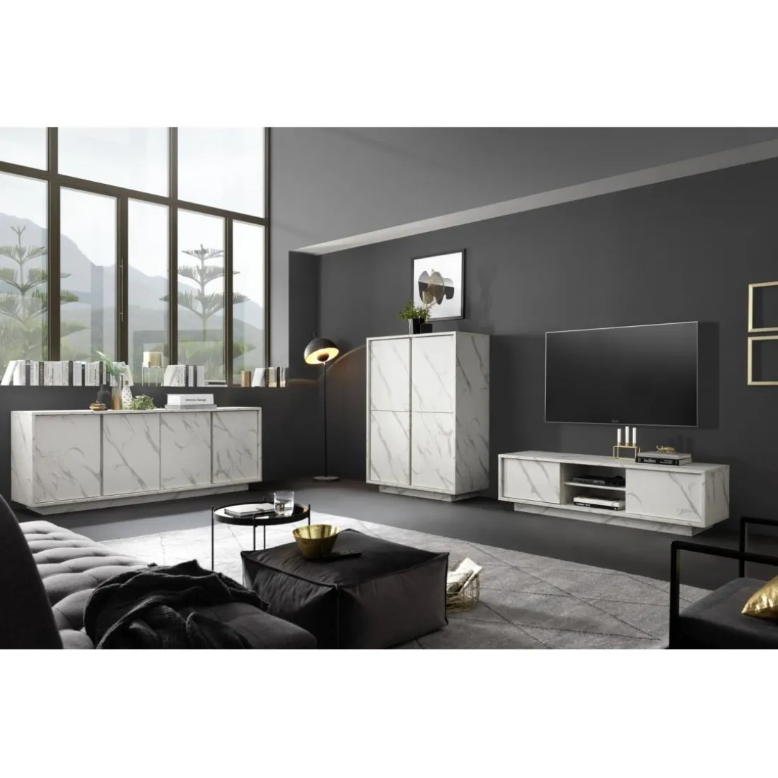 Argentier 4 portes CARRARA décor marbre blanc