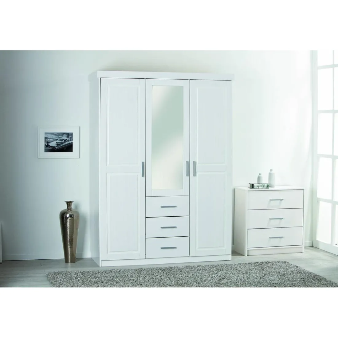 Armoire à Miroir en Pin Massif Blanc ELOBA