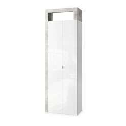 Armoire de rangement salle de bain 2 Portes 5 étagères coloris effet béton façade blanc