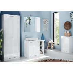 Armoire de rangement salle de bain Bari-2 Portes 5 étagères coloris blanc laqué brillant