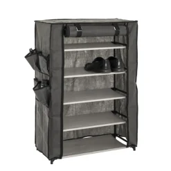 Armoire rangement chaussures en tissu avec compartiments en toison synthétique gris et structure en tube d'acier