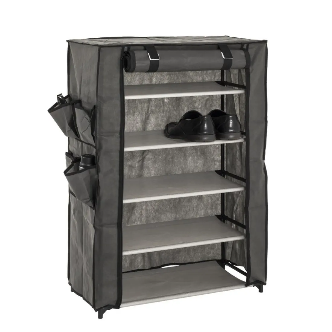 Armoire rangement chaussures en tissu avec compartiments en toison synthétique gris et structure en tube d'acier
