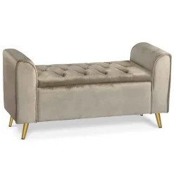 Banc Coffre MINNIE Velours Taupe Pieds Or