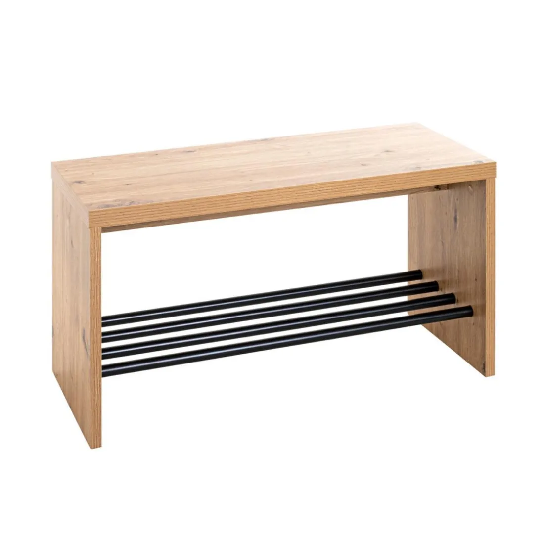 Banc de rangement chaussure en MDF décor chêne et pose chaussures en tube d'acier noir