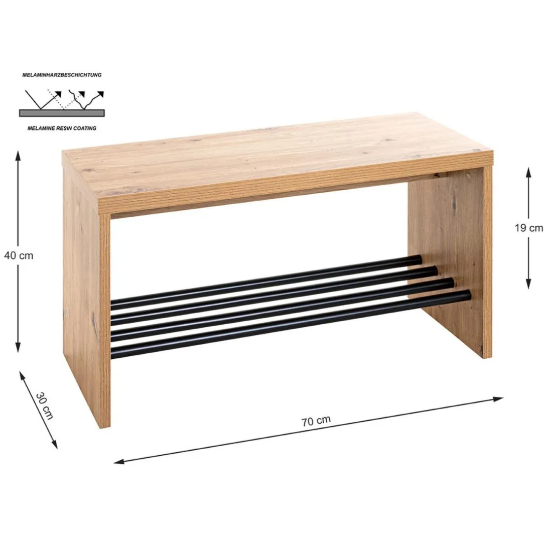Banc de rangement chaussure en MDF décor chêne et pose chaussures en tube d'acier noir