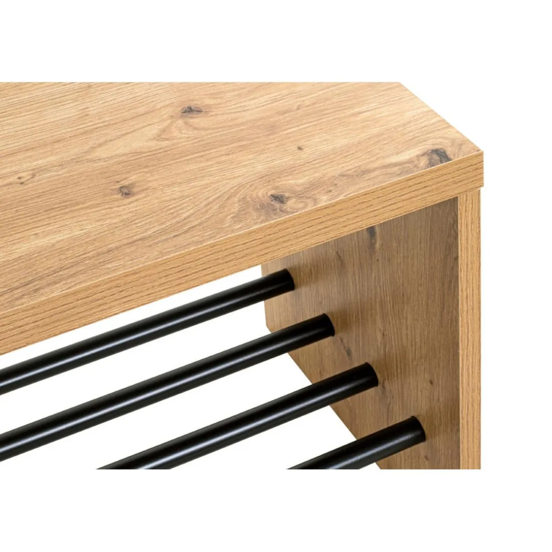 Banc de rangement chaussure en MDF décor chêne et pose chaussures en tube d'acier noir