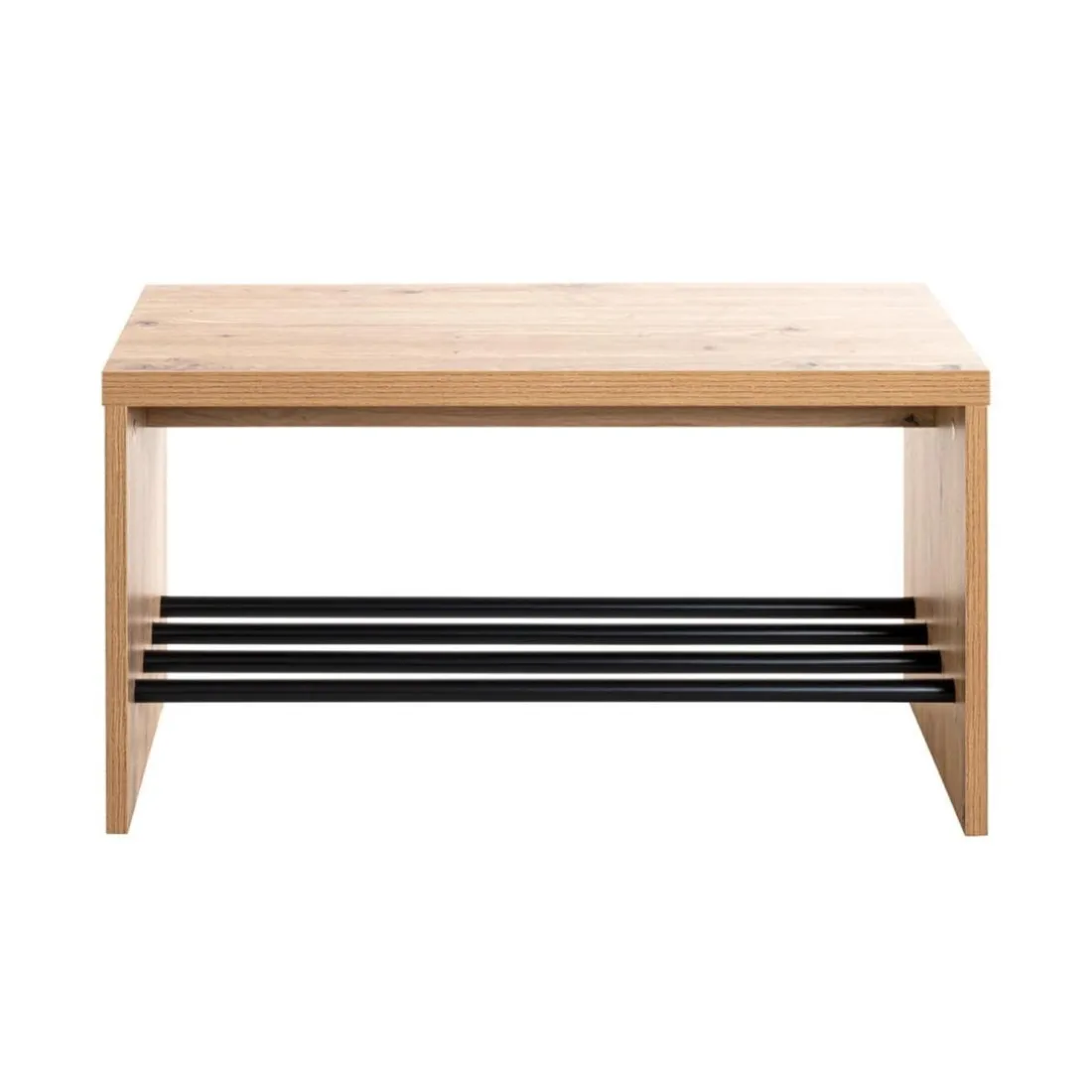 Banc de rangement chaussure en MDF décor chêne et pose chaussures en tube d'acier noir