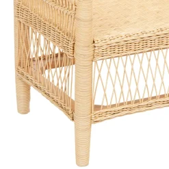 Banquette beige en rotin et acajou