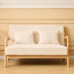 Banquette-banc OHAMA au style scandinaveen hévéa et velours beige Certifiée FSC