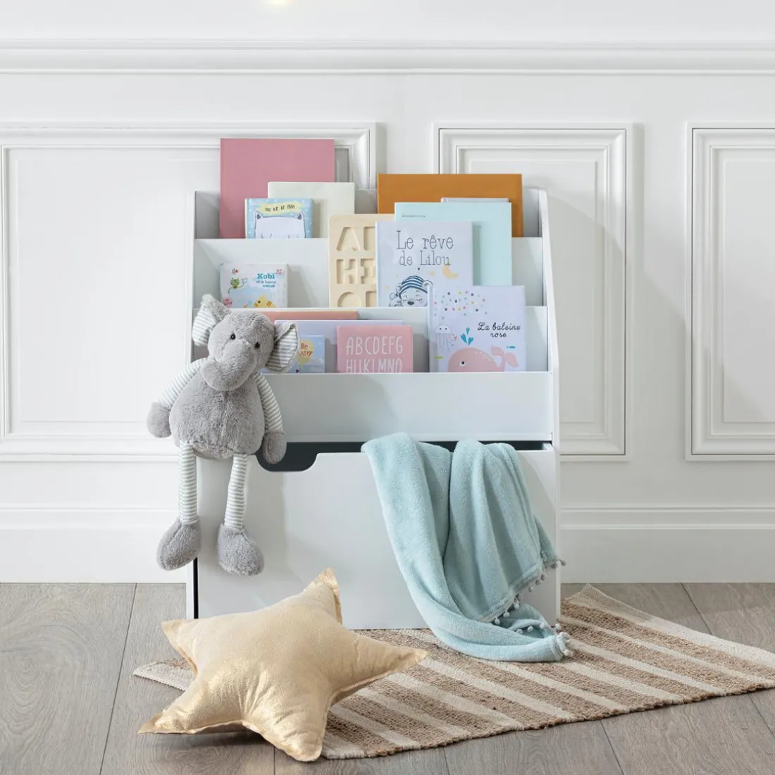 Bibliothèque enfant, bac à roulettes, blanc