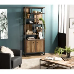 Bibliothèque Haute ALIDA 2 Portes Et 10 Open Space Bois Teck Recyclé Acacia Mahogany Et Métal