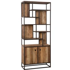 Bibliothèque Haute ALIDA 2 Portes Et 10 Open Space Bois Teck Recyclé Acacia Mahogany Et Métal