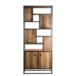Bibliothèque Haute ALIDA 2 Portes Et 10 Open Space Bois Teck Recyclé Acacia Mahogany Et Métal