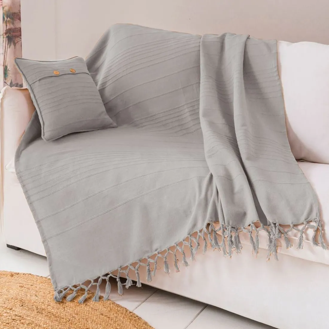 Boutis, plaid ou jeté de canapé uni en coton ORION- Gris