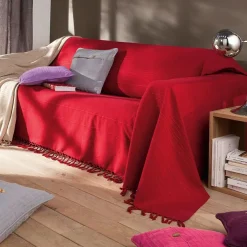 Boutis, plaid ou jeté de canapé uni en coton ORION - Rouge