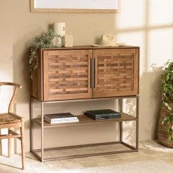Buffet 2 portes, 2 étagères amovible en bois de teck recyclé et acier