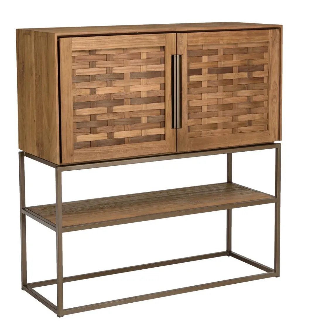 Buffet 2 portes, 2 étagères amovible en bois de teck recyclé et acier