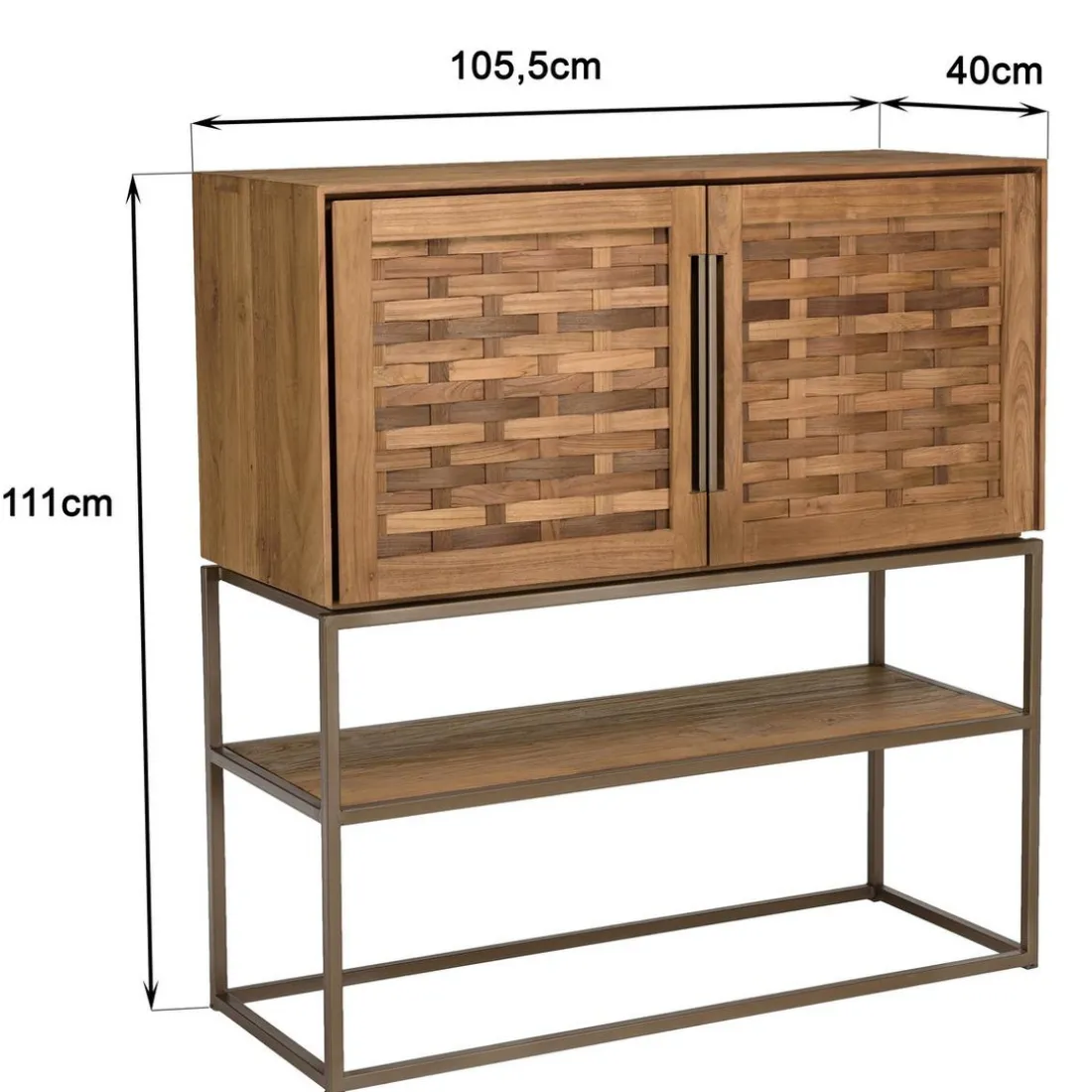 Buffet 2 portes, 2 étagères amovible en bois de teck recyclé et acier