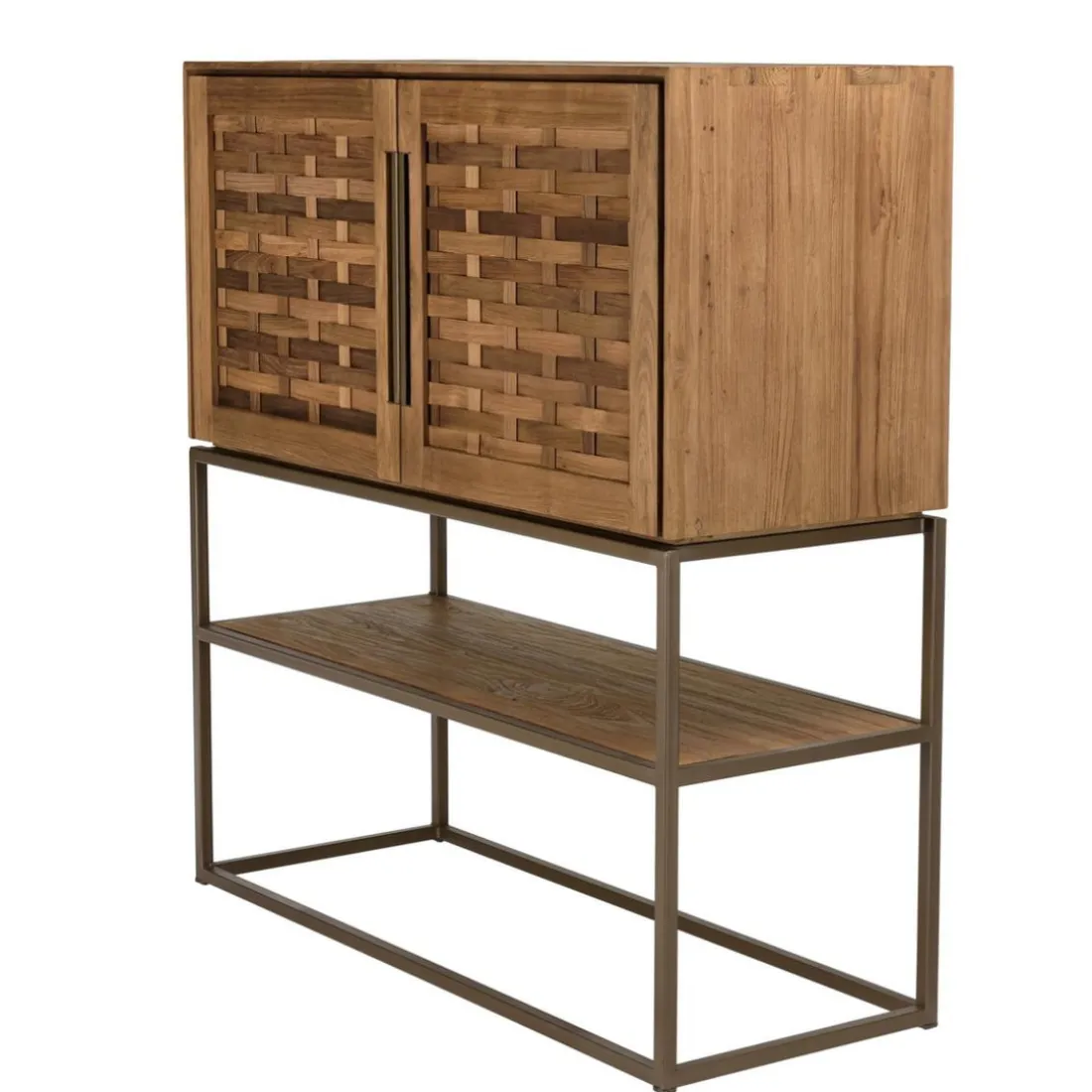 Buffet 2 portes, 2 étagères amovible en bois de teck recyclé et acier