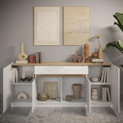 Buffet 4 portes 1 tiroir blanc laqué chene