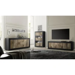 Buffet 2 portes 3 tiroirs bicolore effet bois