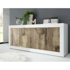 Buffet 4 portes BASIC blanc et décor chene pero