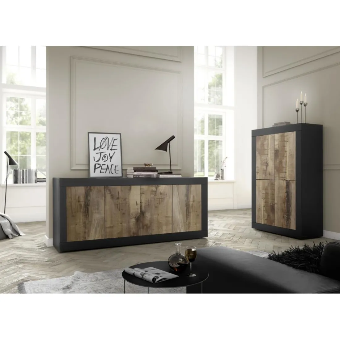Buffet 4 portes Bicolore effet bois