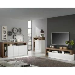 Buffet 4 portes blanc lacqué brillant bois mercure