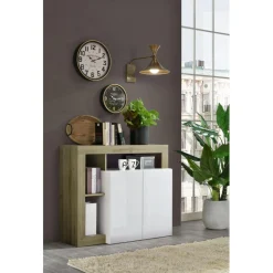 Buffet 2 portes blanc lacqué brillant chene Cadiz