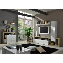 Buffet 2 portes blanc lacqué brillant chene Cadiz