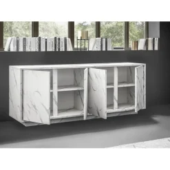 Buffet 4 portes CARRARA décor marbre blanc