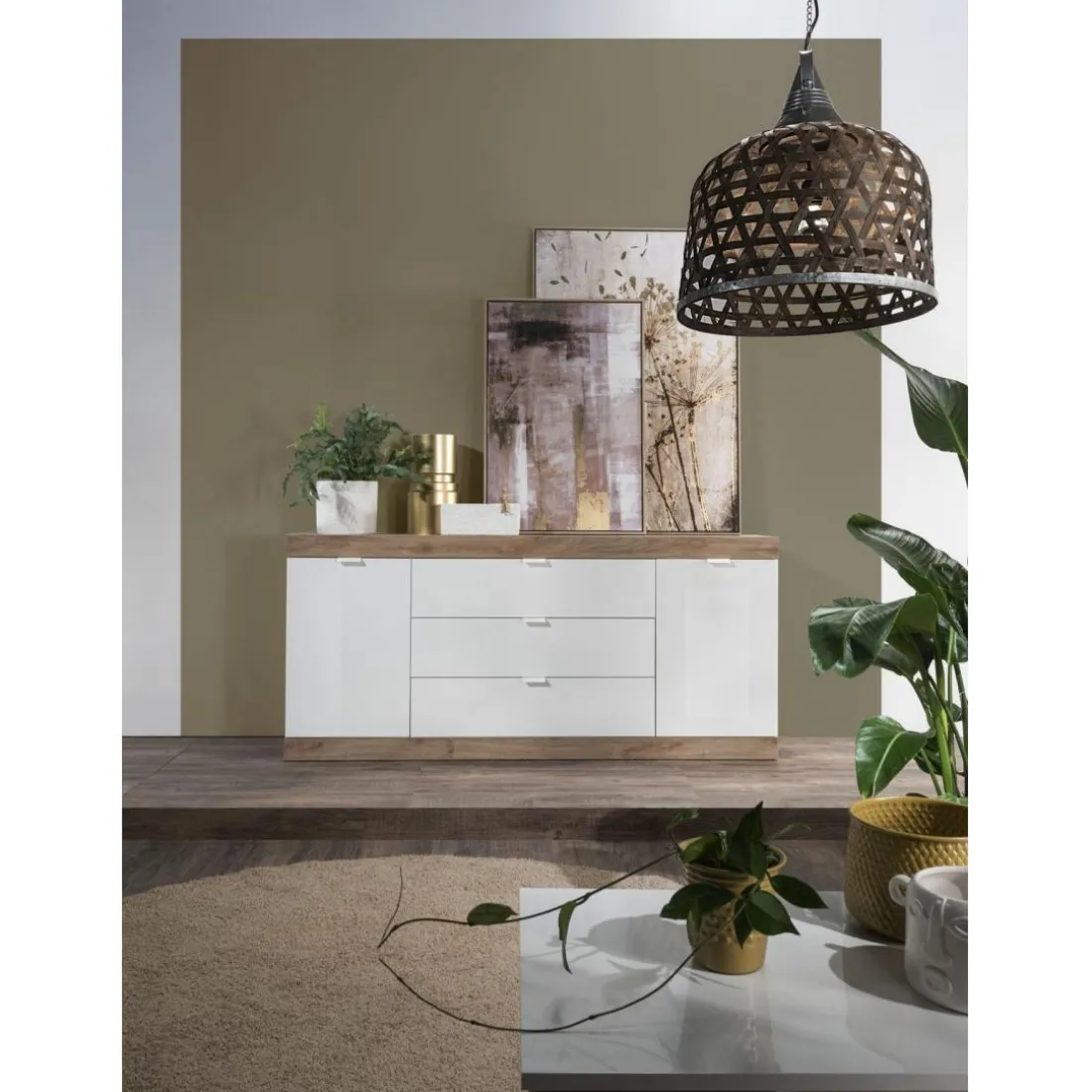 Buffet 2 portes et 3 tiroirs chene blanc