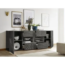 Buffet 2 portes et 4 tiroirs MIRO laqué gris brillant