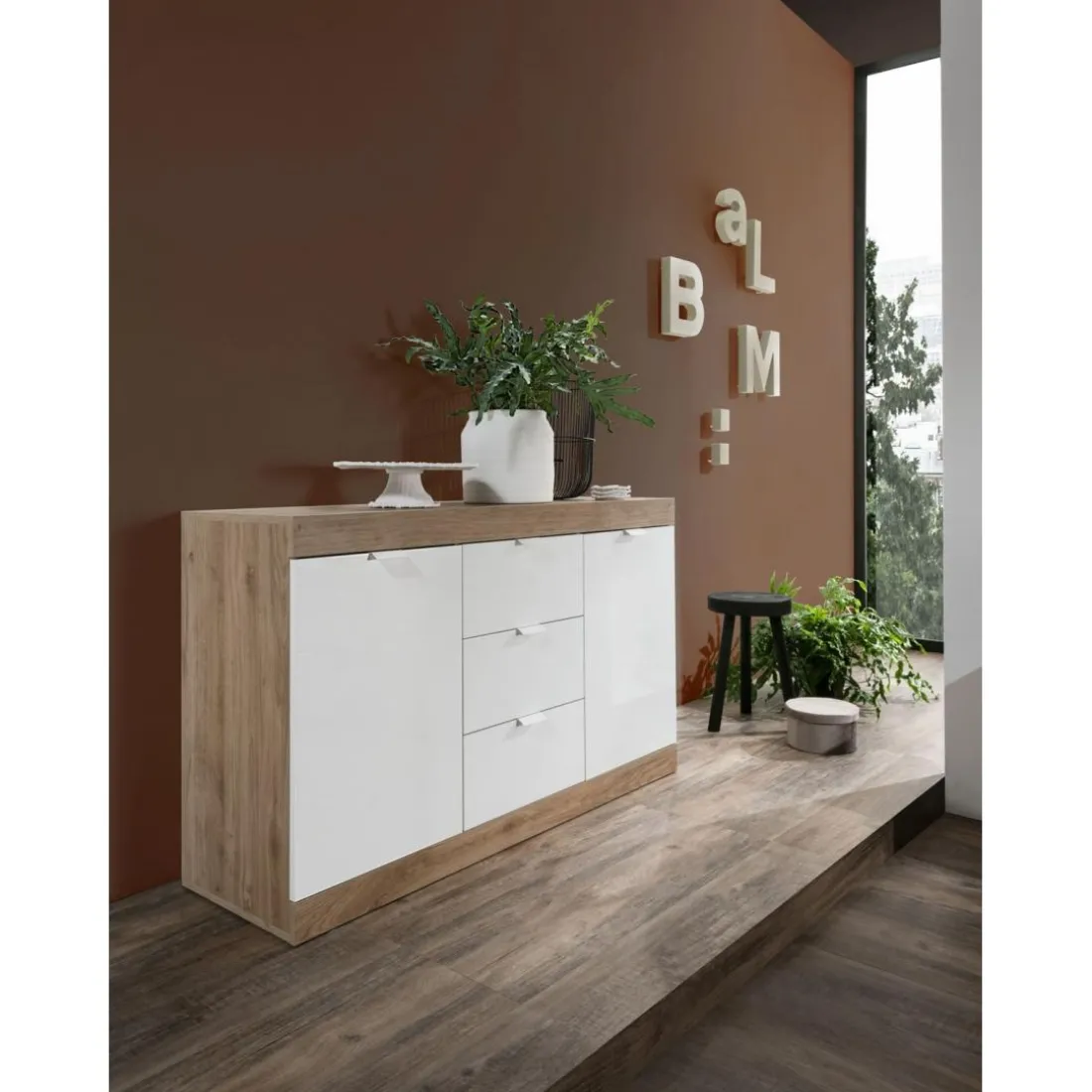 Buffet 2 portes et 3 tiroirs chene cadiz blanc