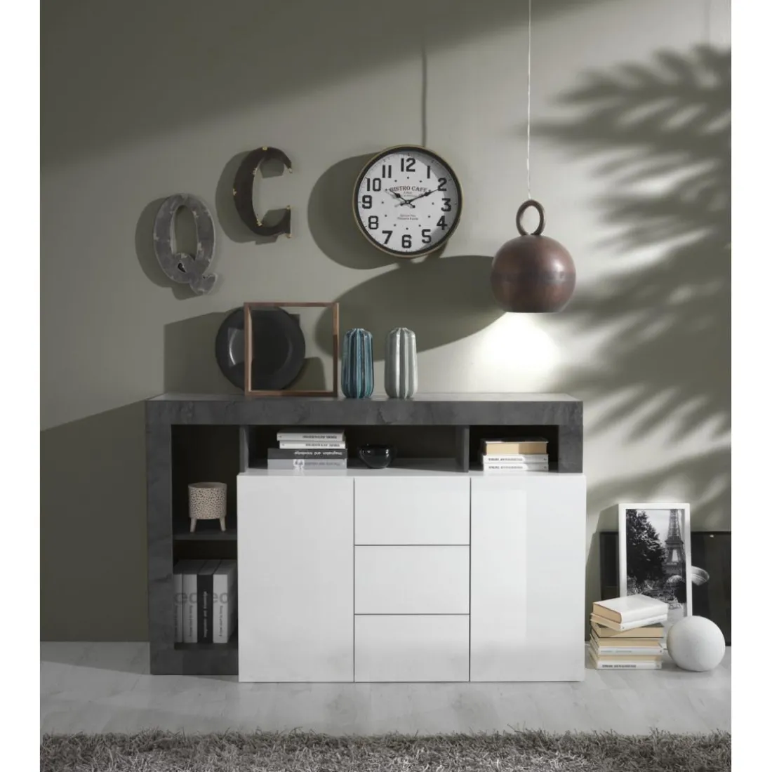 Buffet 2 portes et 3 tiroirs HAMBURG laqué blanc et oxyde