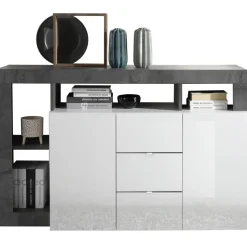 Buffet 2 portes et 3 tiroirs HAMBURG laqué blanc et oxyde