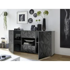 Buffet 2 portes et 2 tiroirs PRISMA laqué anthracite brillant