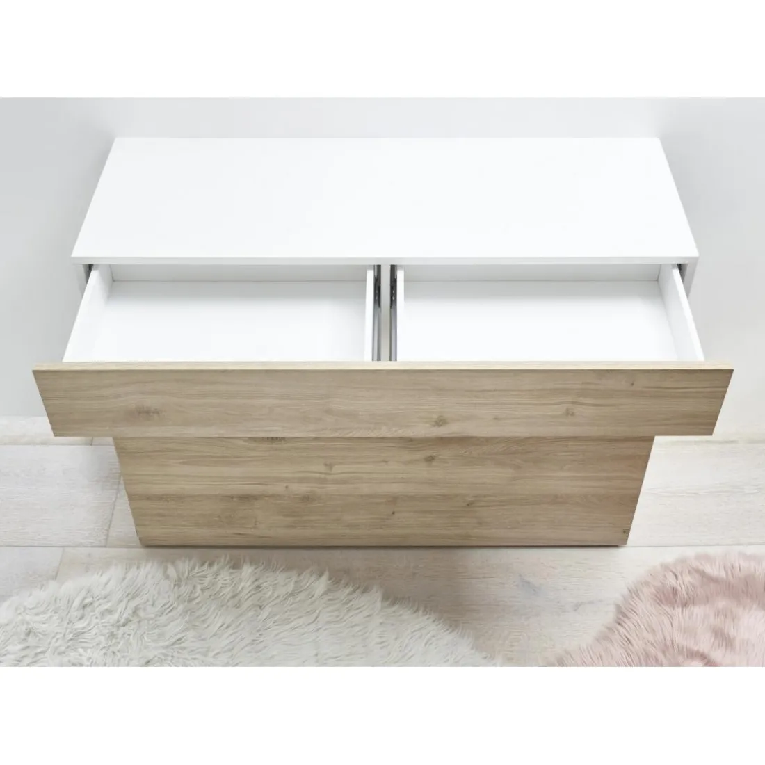 Buffet 1 tiroir et 1 abattant SORANO blanc et facades décor chene