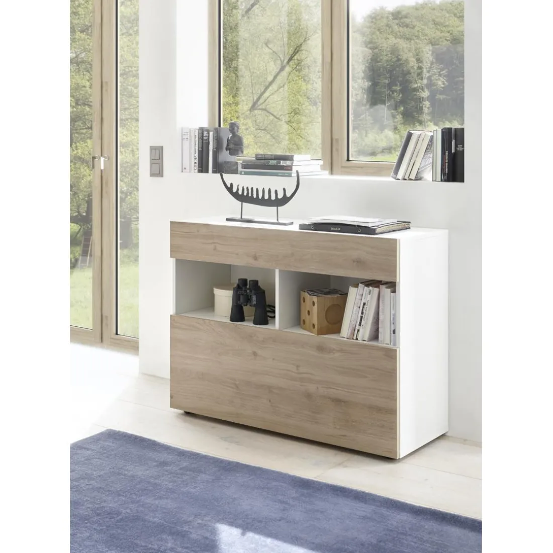 Buffet 1 tiroir et 1 abattant SORANO blanc et facades décor chene