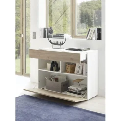 Buffet 1 tiroir et 1 abattant SORANO blanc et facades décor chene