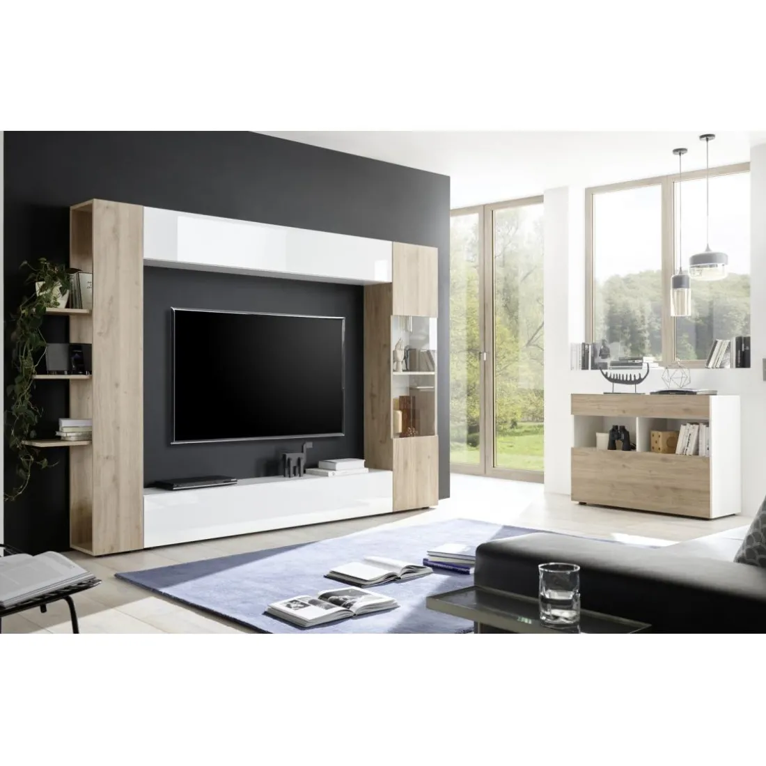 Buffet 1 tiroir et 1 abattant SORANO blanc et facades décor chene