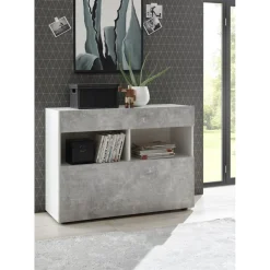 Buffet 1 tiroir et 1 abattant SORANO blanc et facades décor beton