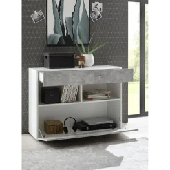 Buffet 1 tiroir et 1 abattant SORANO blanc et facades décor beton