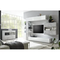 Buffet 1 tiroir et 1 abattant SORANO blanc et facades décor beton