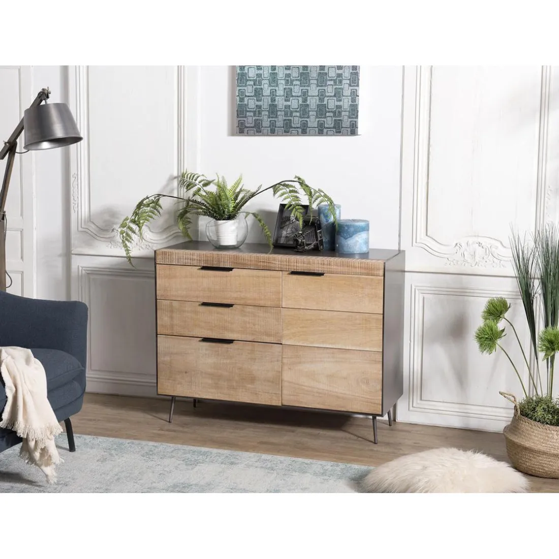 Buffet 3 tiroirs 1 porte teck et pieds métal CARLA